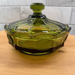 Vintage fostoria olive green coin glass covered dish ,collection by fostoria